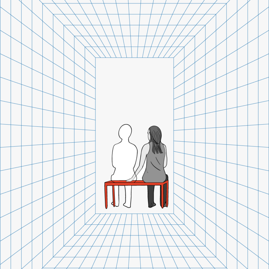 One figure to the right, sitting on a bench with only the outline of a figure on the left off in the distance with a graphing border suggesting distance