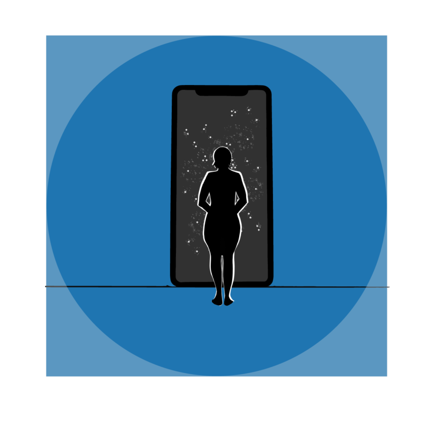 Person standing before an open door with a view of a star-studded universe beyond