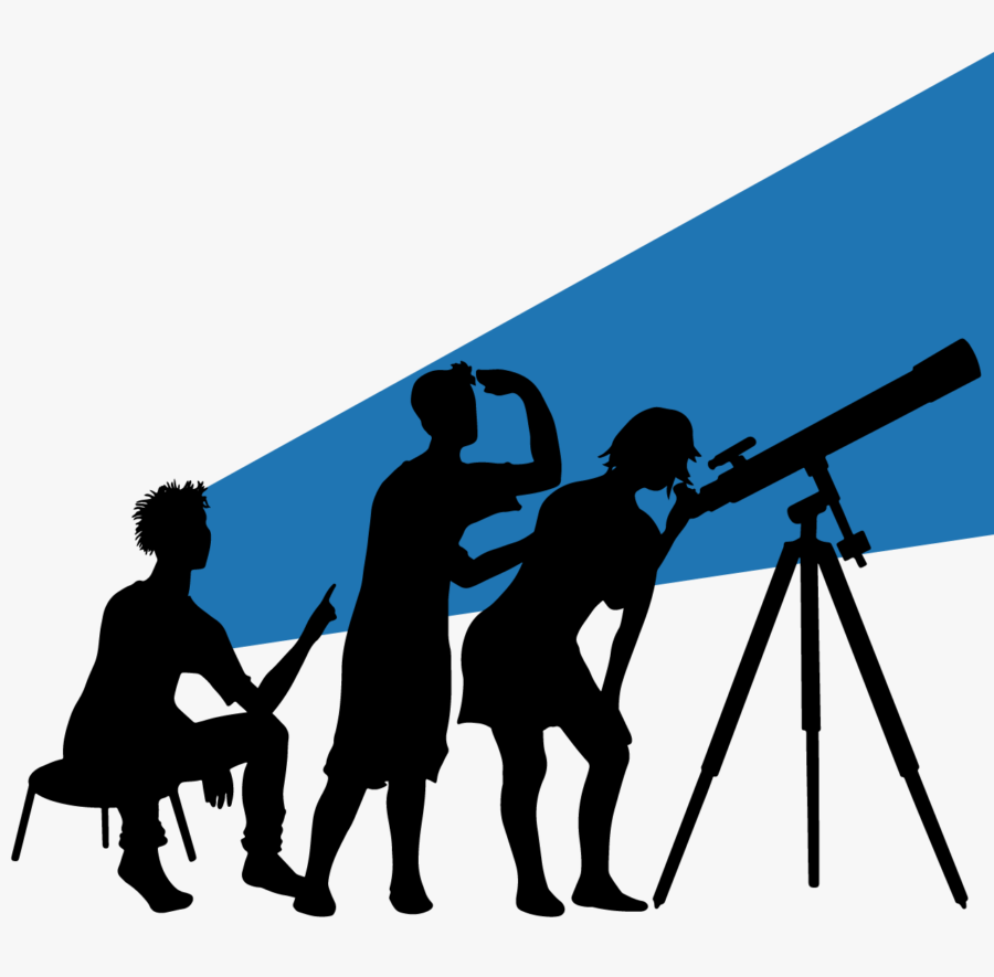 Stylized illustration of three individuals star-gazing, one of them looking through a telescope and the other two behind them