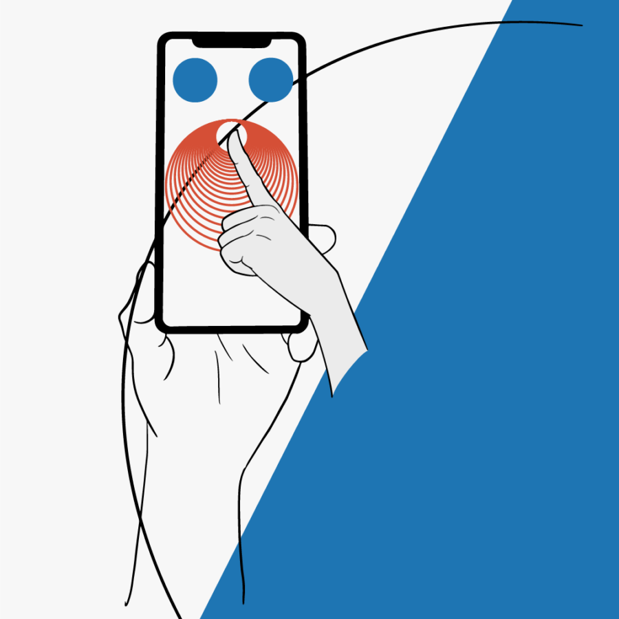 Stylized line drawing illustration of a left hand holding mobile phone with right index finger pointing on screen