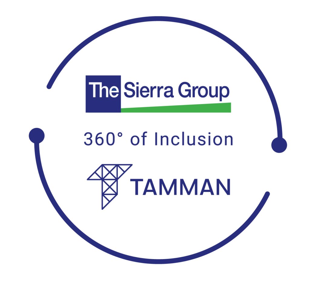 Lock-up of The Sierra Group and Tamman, Inc. logos stacked vertically with '360-degrees of Inclusion in the middle and two arcs ending in points but not connected surrounding the logos.