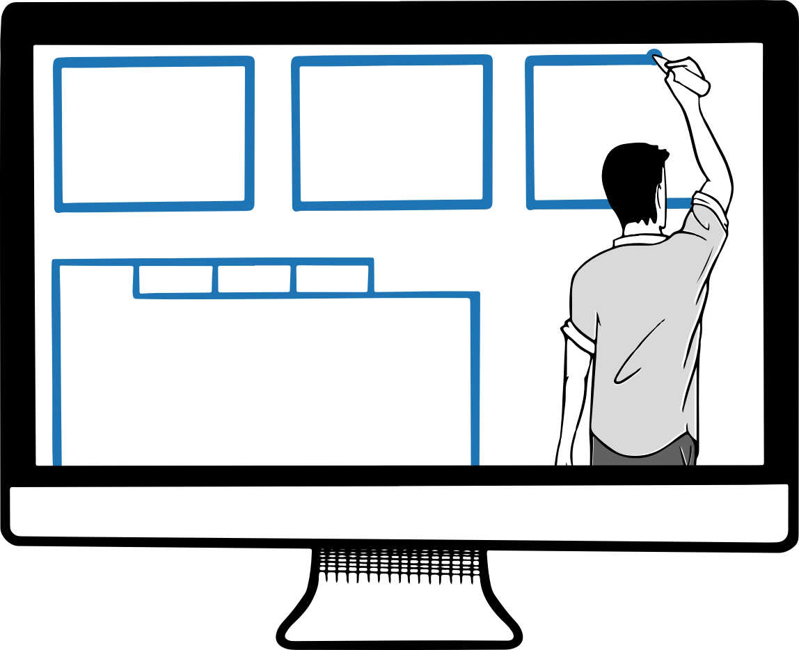 Figure standing inside a computer monitor drawing wireframes