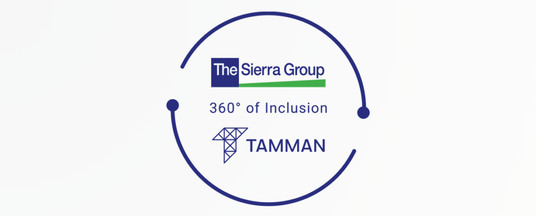 Lock-up of The Sierra Group and Tamman, Inc. logos stacked vertically with '360-degrees of Inclusion in the middle and two arcs ending in points but not connected surrounding the logos.