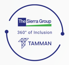 Lock-up of The Sierra Group and Tamman, Inc. logos stacked vertically with '360-degrees of Inclusion in the middle and two arcs ending in points but not connected surrounding the logos.