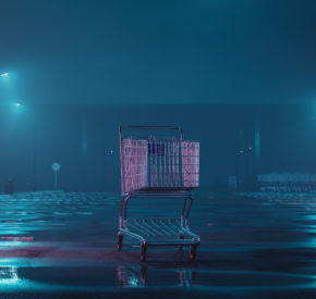 A shopping trolley at abandoned foggy parking space.