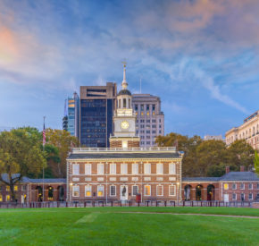 Independence Hall at sunrise in Philadelphia