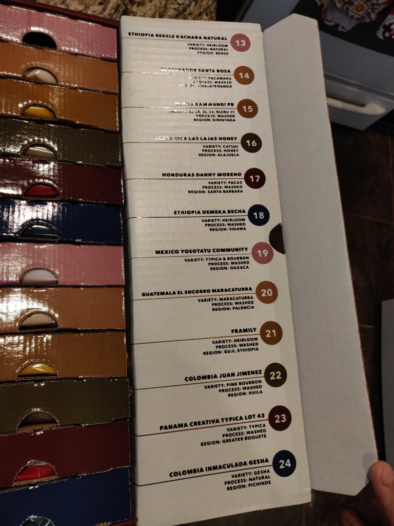 A package containing different coffees for the 13th to 24th days of December. 
