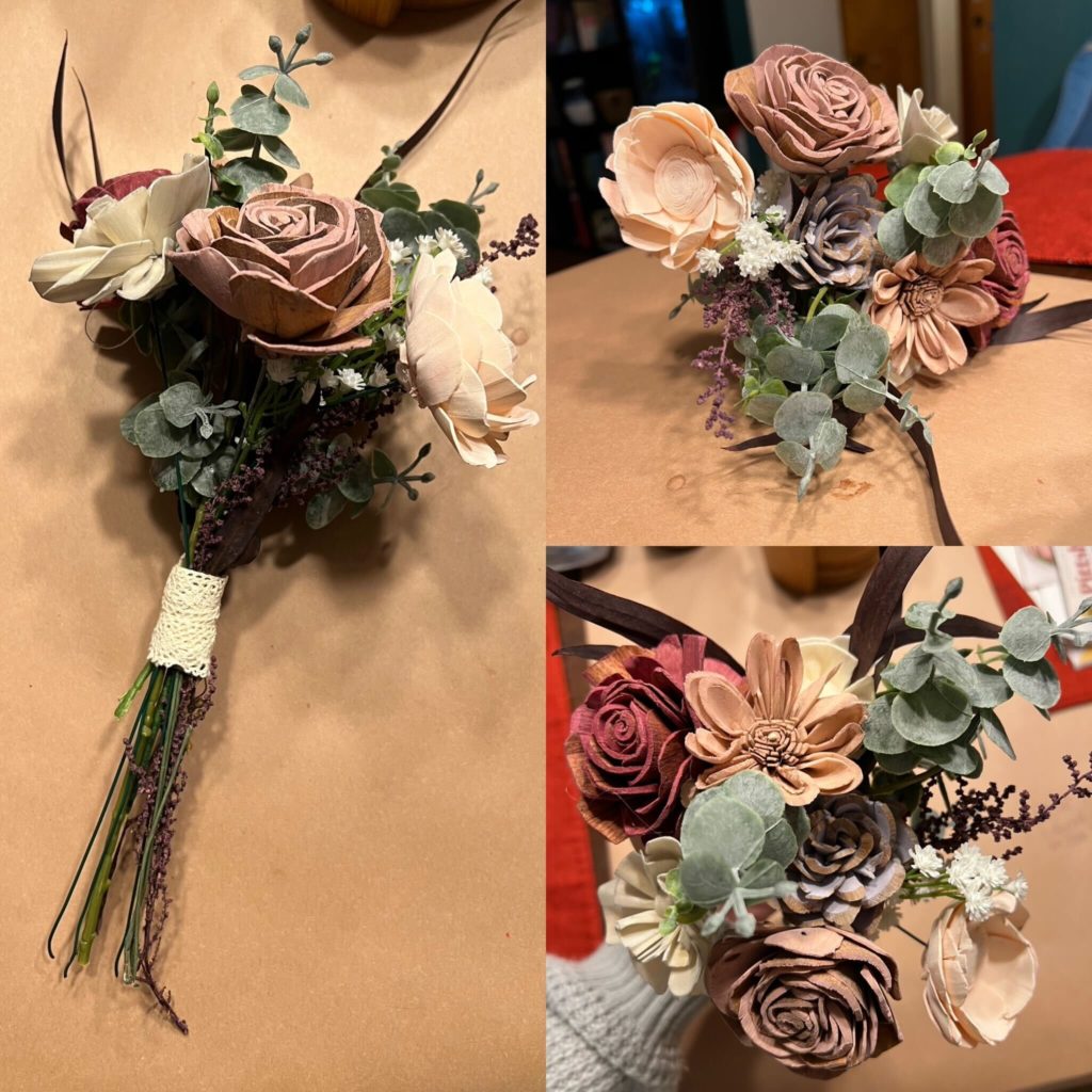 3 different angles of hand-carved wooden flowers.