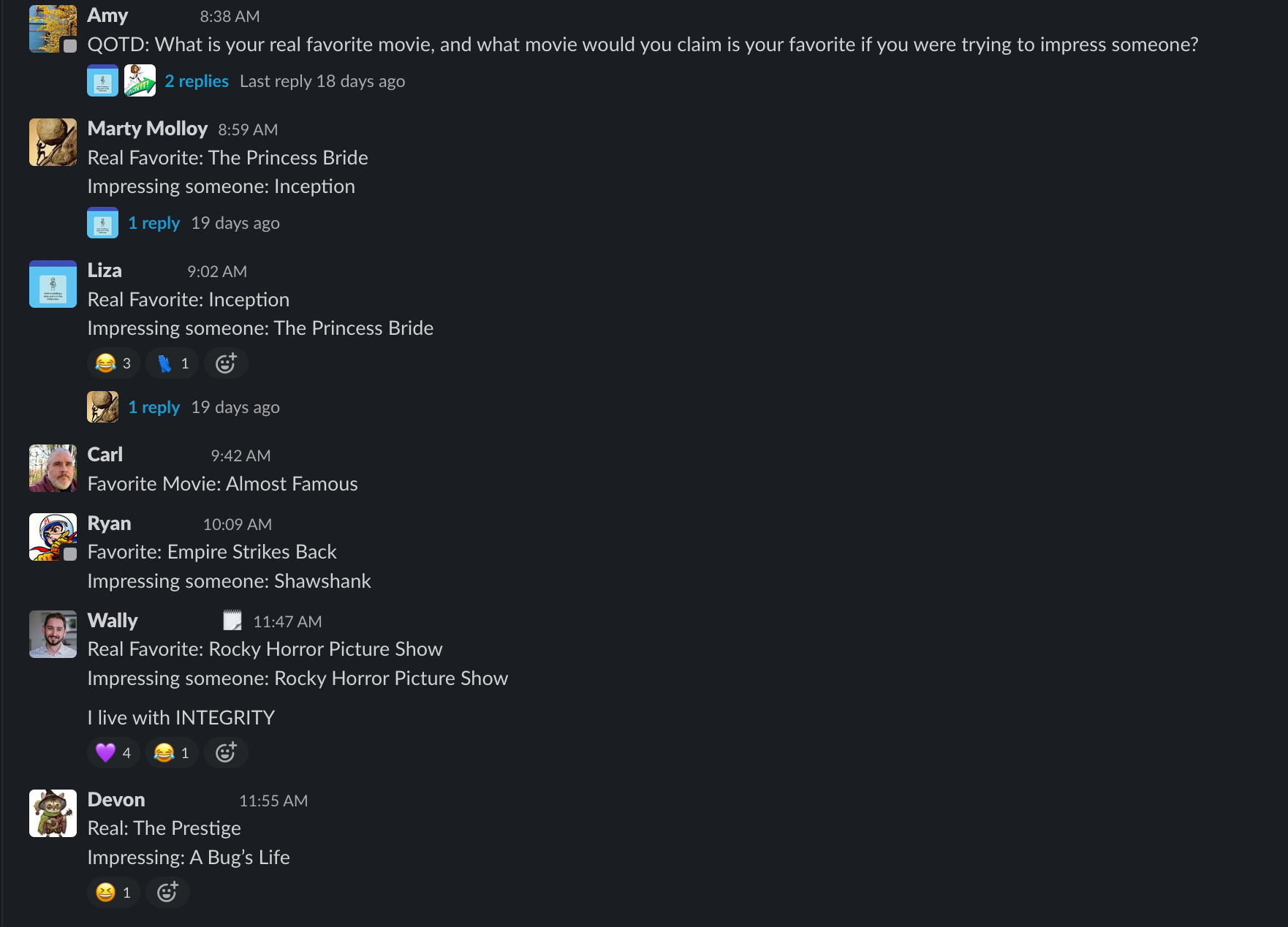 Slack conversation detailing what our staff's favorite movie is, and which movie they would claim to be their favorite to impress someone.