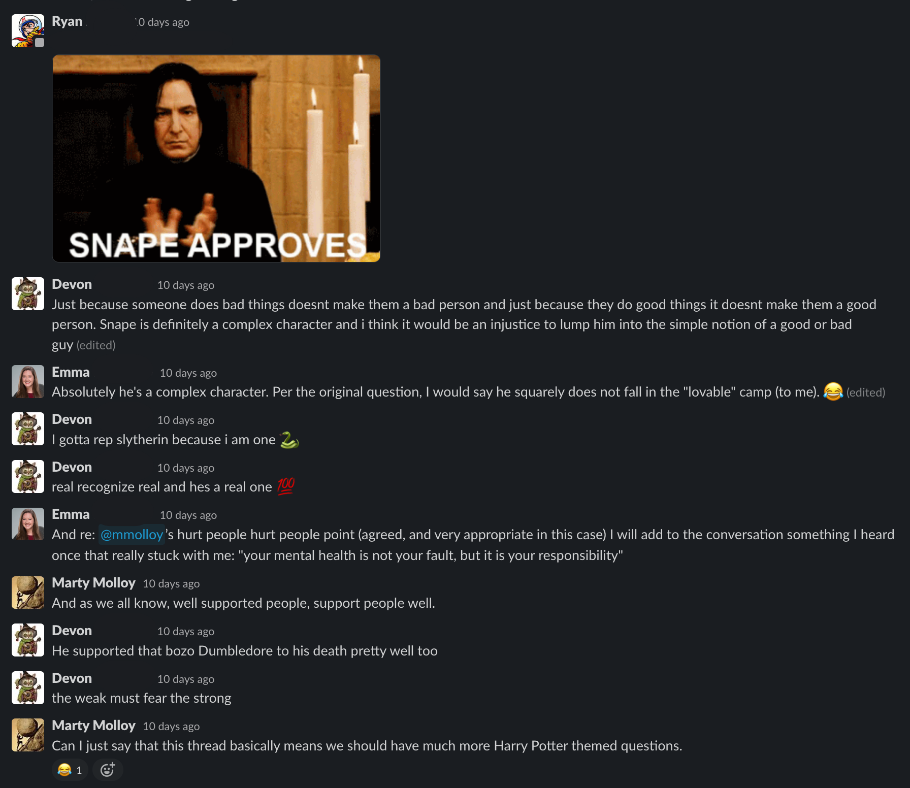 A continued Slack conversation with multiple people discussing why they love, hate, and deal with Harry Potter's Severus Snape.