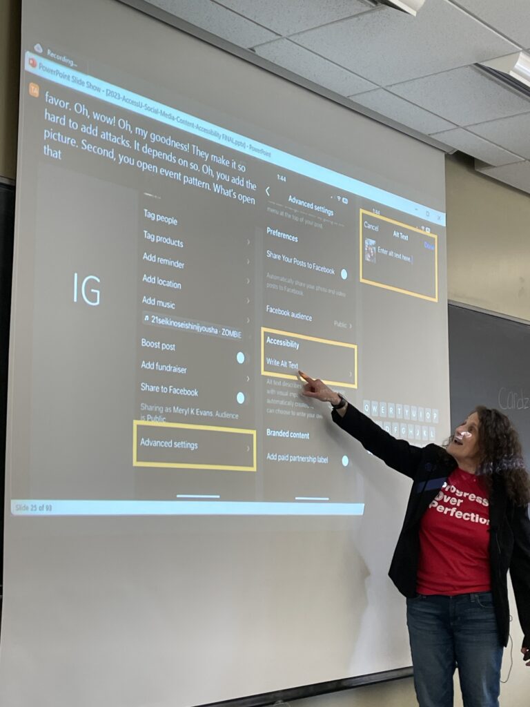 Digital accessibility guru Meryl Evans points to a presentation slide showcasing the 3 menu clicks needed to find Instagram’s tucked away alt text menu.