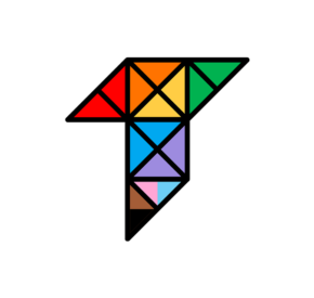 The Tamman "T" logo with the triangles filled accessibly with the Pride Flag rainbow colors. The triangles are all outlined in black piping.