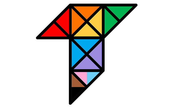 The Tamman "T" logo with the triangles filled accessibly with the Pride Flag rainbow colors. The triangles are all outlined in black piping.