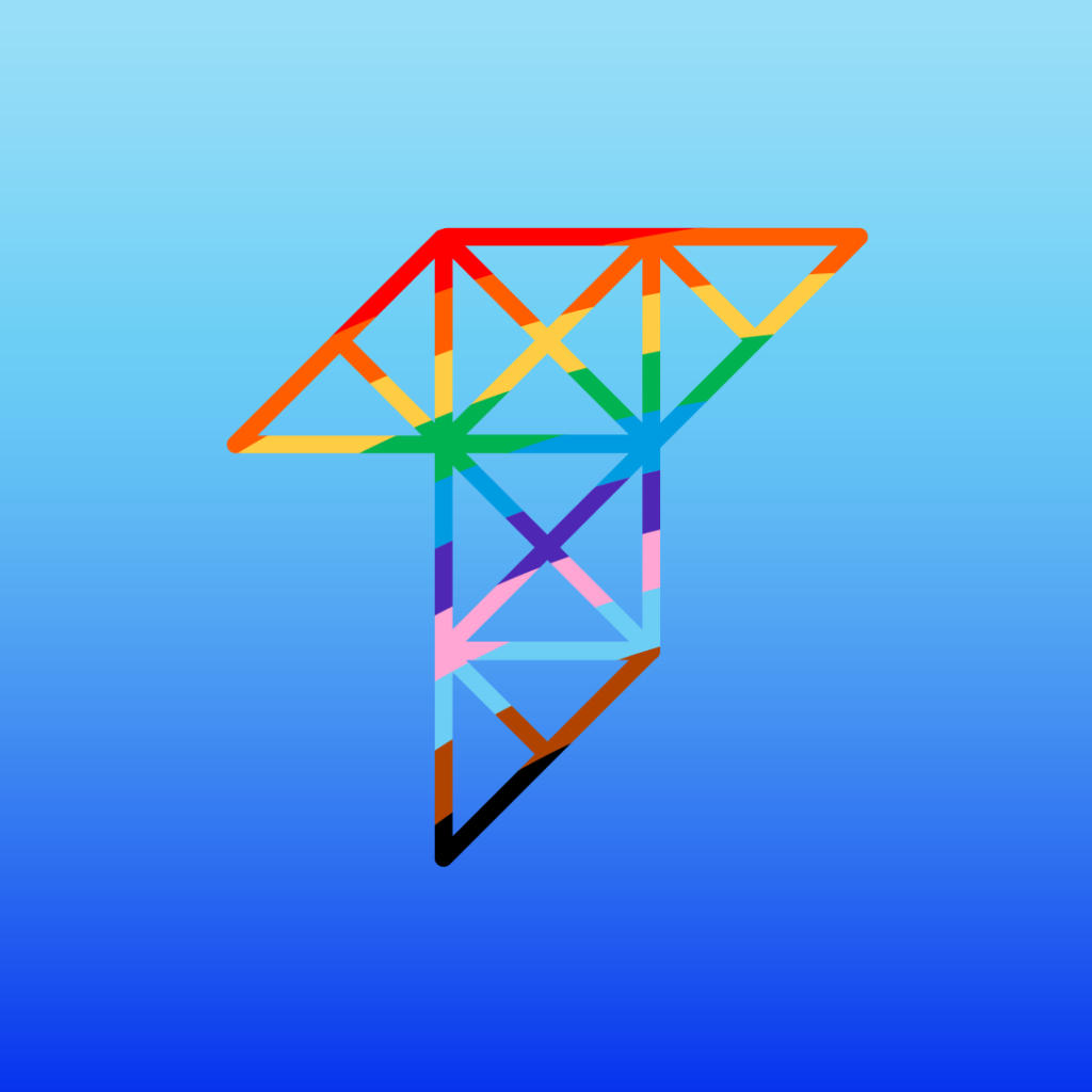The Tamman "T" logo with the piping outline of the logo is colored in a stripe pattern of the Pride Flag rainbow colors. The background is a light to dark blue gradient, which are the usual Tamman logo colors. This iteration is inaccessible.