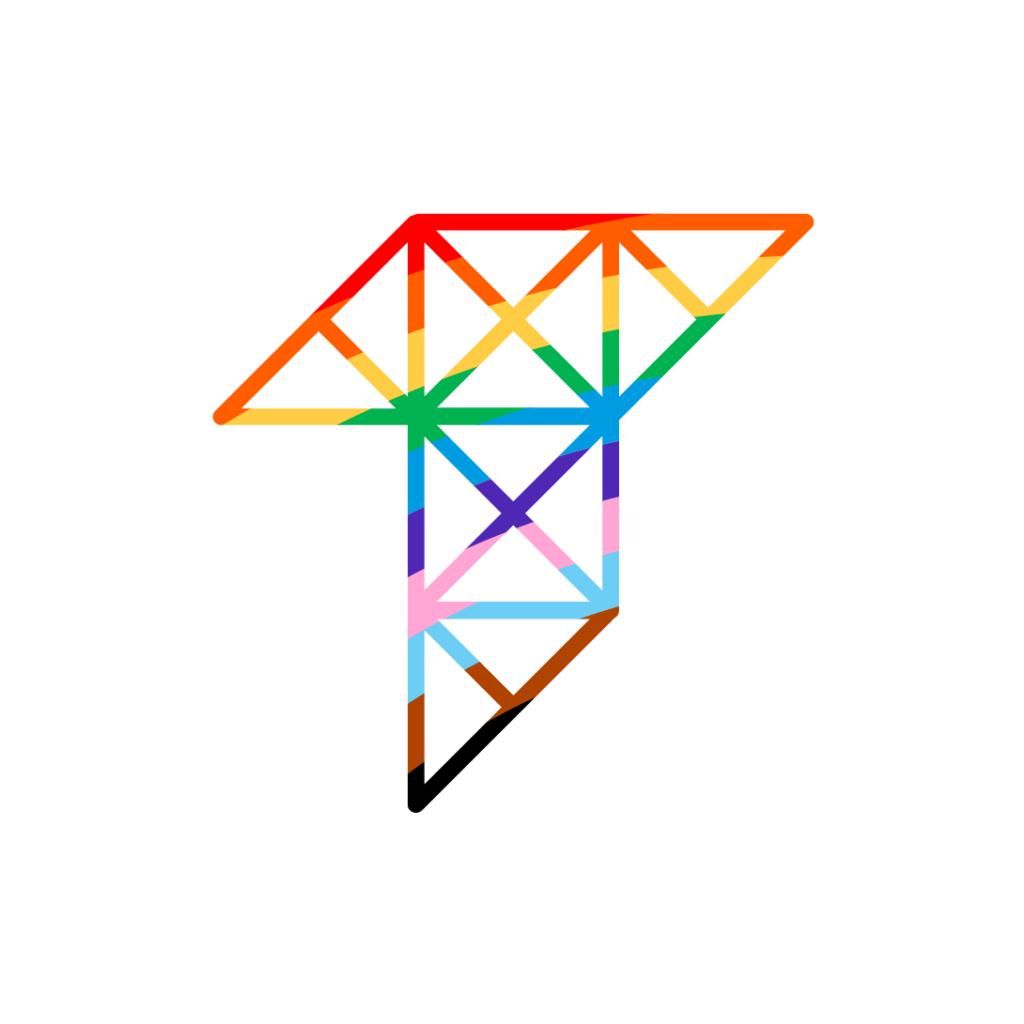 The Tamman "T" logo with the piping outline of the logo is colored in a stripe pattern of the Pride Flag rainbow colors. The background is plain white. This iteration is inaccessible.