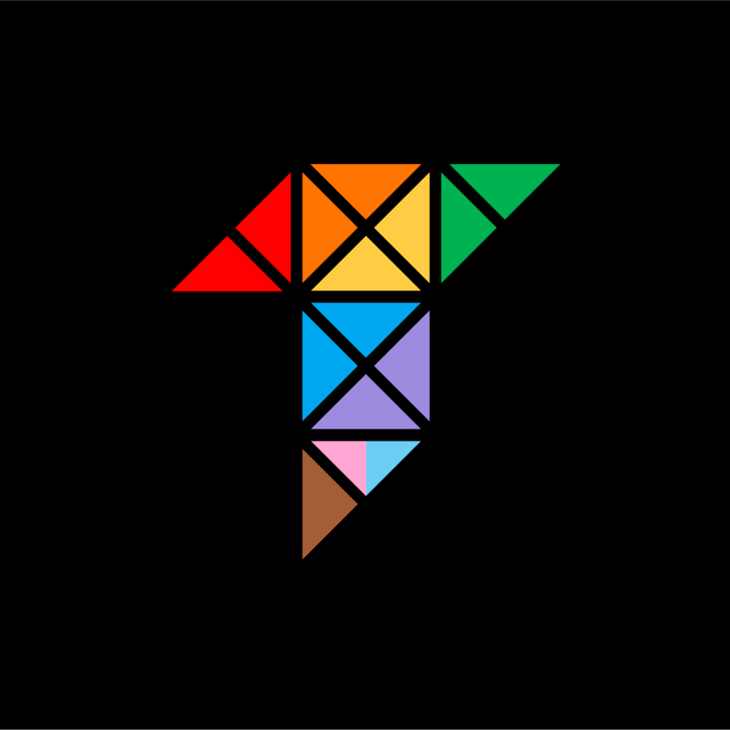 The Tamman "T" logo with different sections of triangles, each representing a single section of the Pride Flag colors. The piping and background are black. This iteration is accessible.