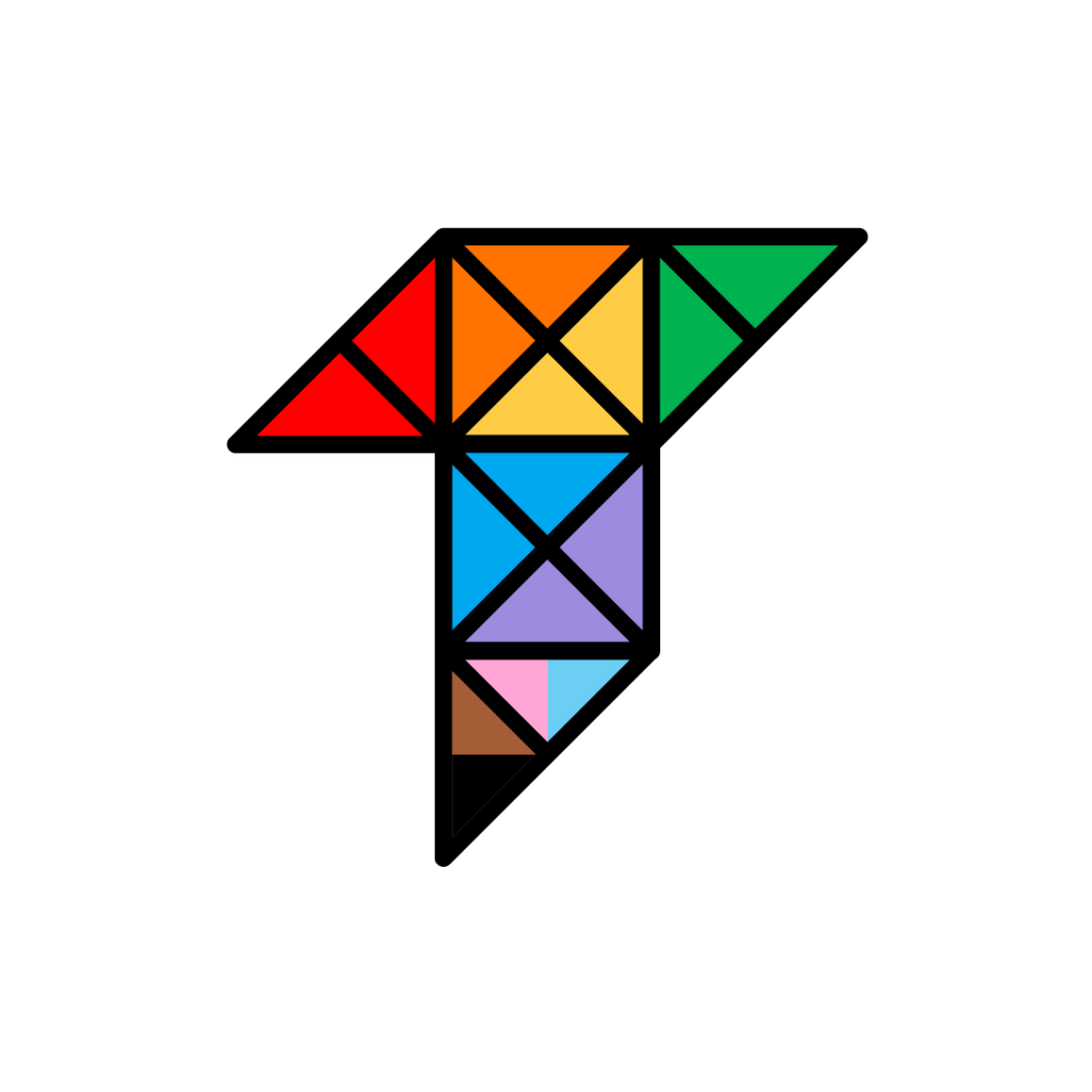 The Tamman "T" logo with different sections of the triangles each representing a single section of the Pride Flag colors. The piping between the triangles and outline is black. The background is white. This final iteration is accessible.