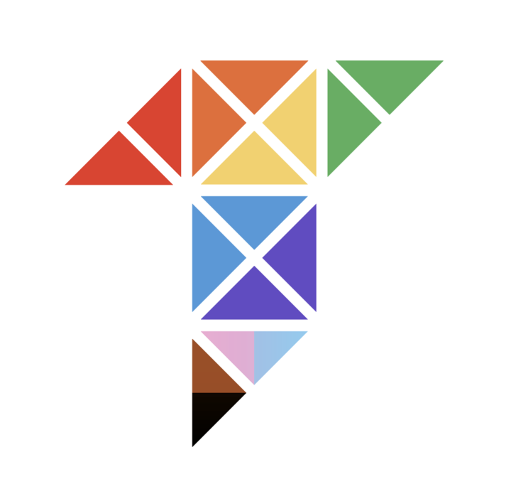 The Tamman "T" logo with different sections of triangles, each representing a single section of the Pride Flag colors. The piping and background are white. This iteration is inaccessible.