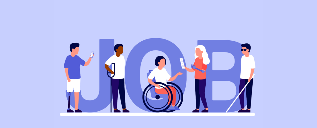 Five people with different physical disabilities get ready for job interviews. Behind them is a lavender background with the word "Job" written in large purple block font.