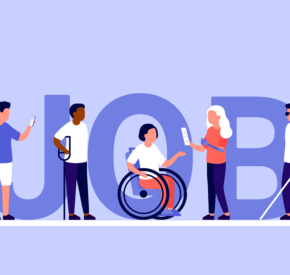 Five people with different physical disabilities get ready for job interviews. Behind them is a lavender background with the word "Job" written in large purple block font.