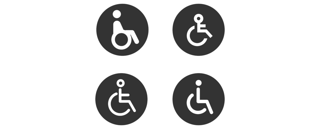 Four separate black and white stylized icons of people in unique wheelchairs.