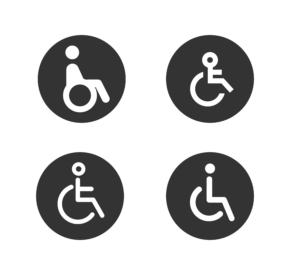 Four separate black and white stylized icons of people in unique wheelchairs.
