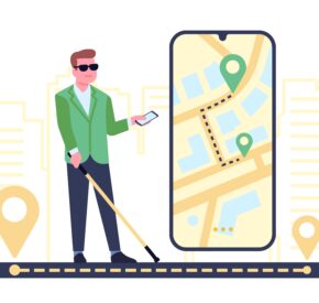 A cartoon depiction of a blind person using orientation and mobility training and GPS app to navigate to a specific location new neighborhood.