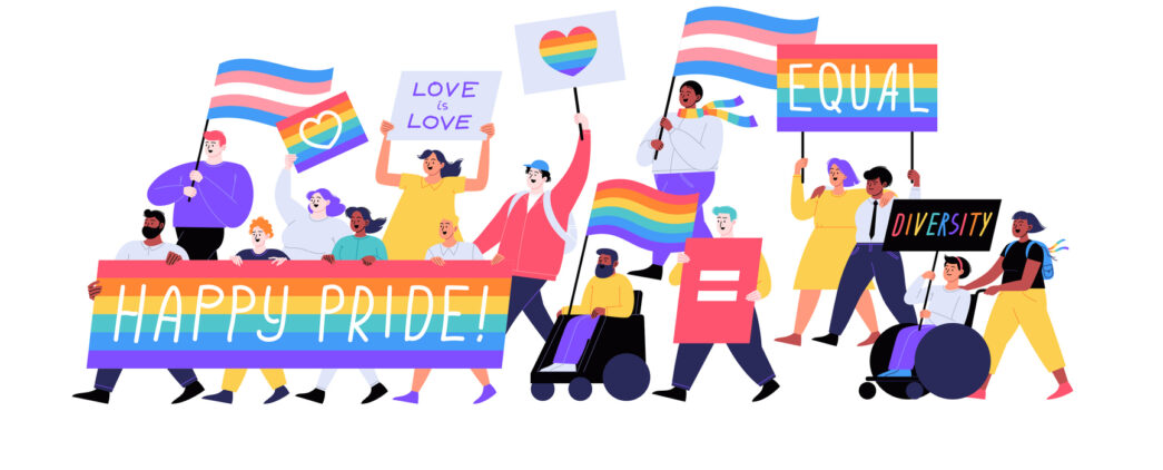 Diverse group of illustrated characters holding banners celebrating Pride month as if in a parade