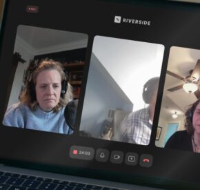A laptop screen displaying the virtual podcast recording for this episode. Three participants are visible in separate video windows on the laptop.