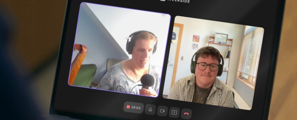 A laptop screen displaying the virtual podcast recording for this episode. Devon and Kristen are visible in separate video windows on the laptop.