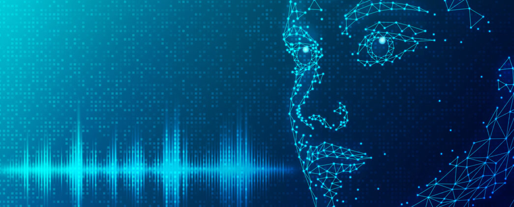 Abstract digital illustration of a human face formed by glowing blue lines and geometric points, paired with a soundwave coming from it's mouth.